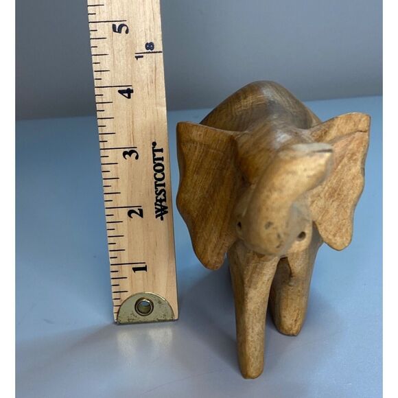 Vintage Wood Elephant Hand Carved Trunk Up Artisan Made Primitive Art 6 x 3" - Picture 8 of 9
